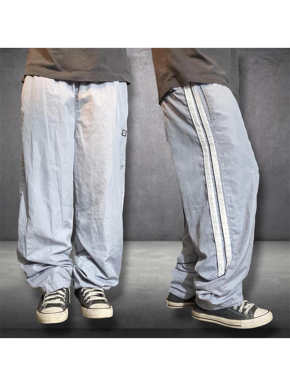 Y2K Baggy blueish gray Wilson track pants with white stripes down the sides